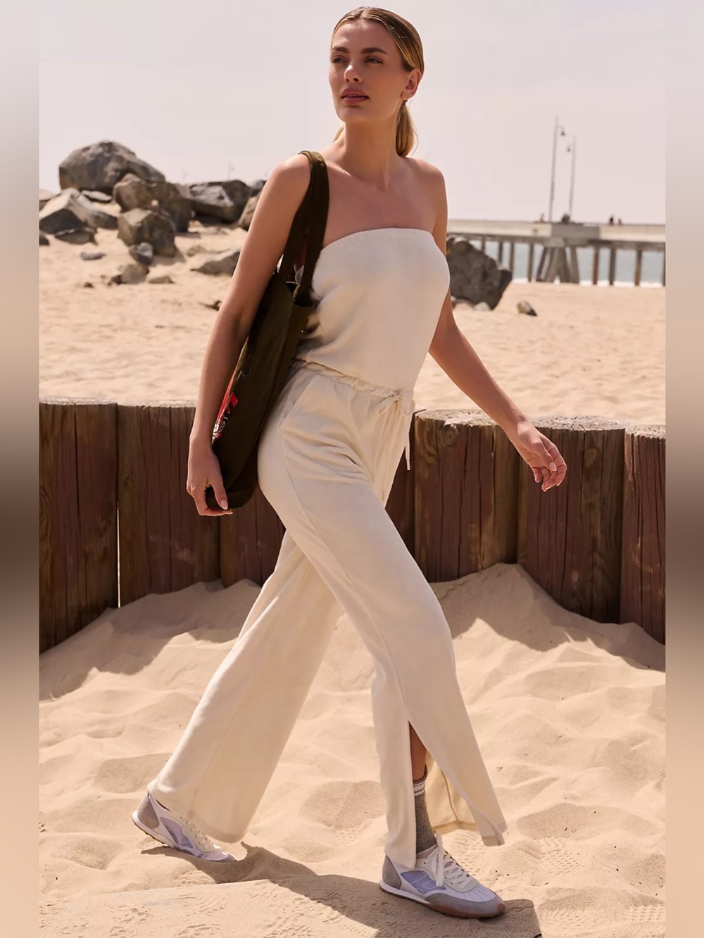 Beyond Yoga Tropez Strapless Terry Jumpsuit Ivory Beige S